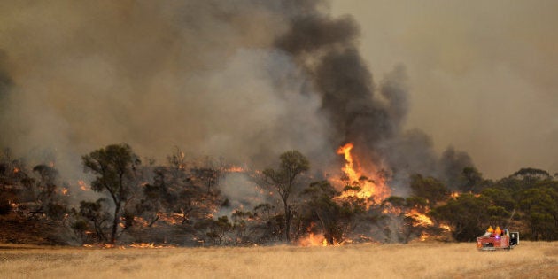 YAAPEET, AUSTRALIA - JANUARY 16: (EUROPE AND AUSTRALASIA OUT) Bushfires burn north of Yaapeet off Goslings Road on January 16, 2014 in the Wimmera region of western Victoria. Over 65 fires are burning across the state, after several days of over 40 degree celsius temperatures and high winds in the region. (Photo by Jake Nowakowski/Newspix/Getty Images)