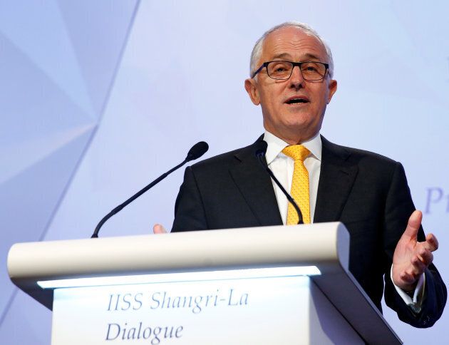Prime Minister Malcolm Turnbull giving the keynote address at the IISS Shangri-La Dialogue in Singapore.