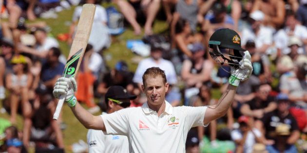 Australiaâs Adam Voges celebrates his century against New Zealand on the second day of the first International Cricket Test match at Basin Reserve, Wellington, New Zealand, Saturday, Feb. 13, 2016. (Ross Setford/SNPA via AP) NEW ZEALAND OUT