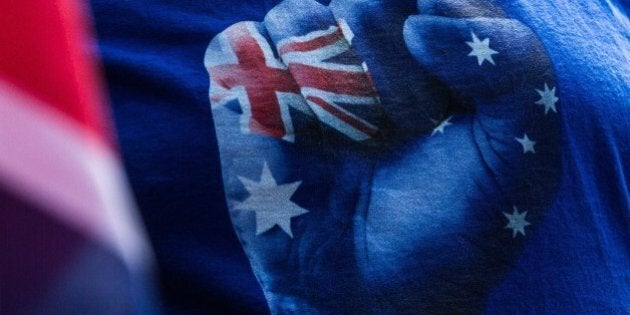 MELBOURNE, AUSTRALIA - NOVEMBER 22 : A banner of the Reclaim Australia group is seen during a protest organized by the far right wing group as an anti-racist group stage rival demonstration in Melbourne, Australia on November 22, 2015. (Photo by Asanka Brendon Ratnayake/Anadolu Agency/Getty Images)