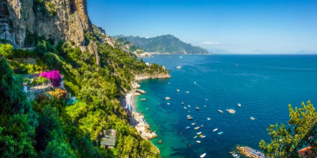 Panoramic view of famous Amalfi Coast with beautiful Gulf of Salerno, Campania, Italy