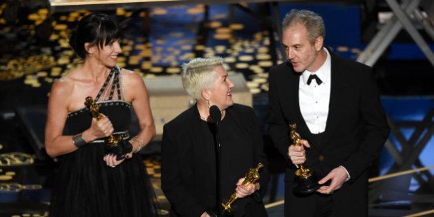 HOLLYWOOD, CA - FEBRUARY 28: (L-R) Elka Wardega, Lesley Vanderwalt and Damian Martin accept the Best Makeup and Hairstyling award for 'Mad Max: Fury Road' onstage during the 88th Annual Academy Awards at the Dolby Theatre on February 28, 2016 in Hollywood, California. (Photo by Kevin Winter/Getty Images)