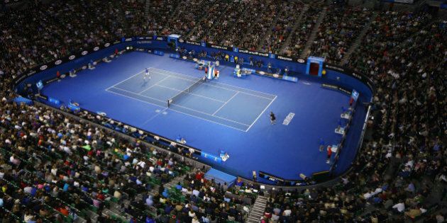 MELBOURNE, AUSTRALIA - FEBRUARY 01: A general view of Rod Laver Arena as Novak Djokovic of Serbia plays a forehand in his men's final match against Andy Murray of Great Britain during day 14 of the 2015 Australian Open at Melbourne Park on February 1, 2015 in Melbourne, Australia. (Photo by Cameron Spencer/Getty Images)