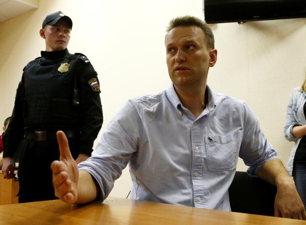 Anti-Kremlin campaigner Alexei Navalny during his court hearing in Moscow on Monday. He was sentenced to 30 days behind bars for repeatedly organising "unsanctioned" protests.