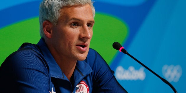 Ryan Lochte of the United States attends a press conference in the Main Press Center on Day 7 of the Rio Olympics on August 12, 2016 in Rio de Janeiro, Brazil.