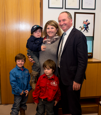 Beau Cosgrove (held by mum Samantha) with his brothers and Barnaby Joyce.