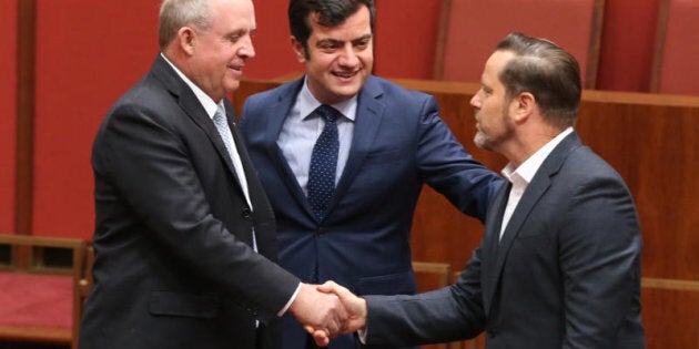 Greens Senator Peter Whish-Wilson is congratulated by Nationals Senator John 'Wacka' Williams and ALP Senator Sam Dastyari