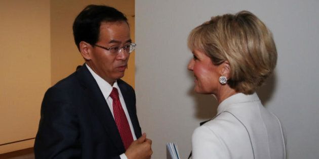 Foreign Minister Julie Bishop with Chinese Ambassador Cheng Jingye in Parliament House.
