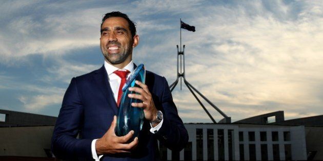 CANBERRA, AUSTRALIA - JANUARY 25: Adam Goodes poses for a portrait after being announced as the 2014 Australian of the Year at Parliament House on January 25, 2014 in Canberra, Australia. The annual award recognizes contributions of prominent Australians throughout the previous year. (Photo by Stefan Postles/Getty Images)