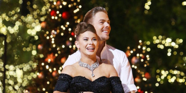 LOS ANGELES, CA - NOVEMBER 24: Bindi Irwin and Derek Hough onstage during ABC's 'Dancing With The Stars' live finale held at The Grove on November 24, 2015 in Los Angeles, California. (Photo by Michael Tran/FilmMagic)