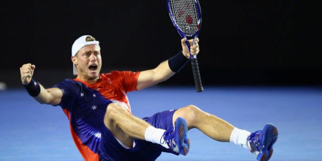 MELBOURNE, AUSTRALIA - JANUARY 19: Lleyton Hewitt of Australia celebrates winning match point during his first round match against James Duckworth of Australia during day two of the 2016 Australian Open at Melbourne Park on January 19, 2016 in Melbourne, Australia. (Photo by Ryan Pierse/Getty Images)