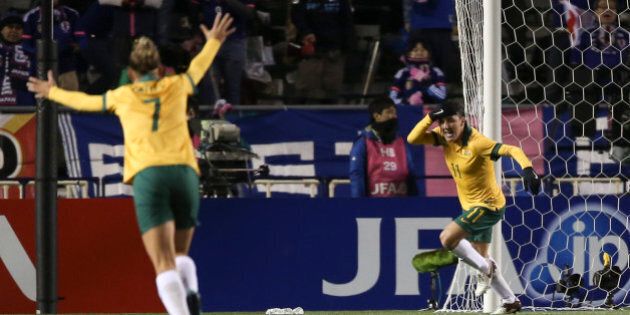 OSAKA, JAPAN - FEBRUARY 29: (CHINA OUT) Lisa De Vanna #11 of Australia celebrates after socring her team's first goal during the AFC Women's Olympic Final Qualification Round match between Australia and Japan at Kincho Stadium on February 29, 2016 in Osaka, Japan. (Photo by ChinaFotoPress/ChinaFotoPress via Getty Images)