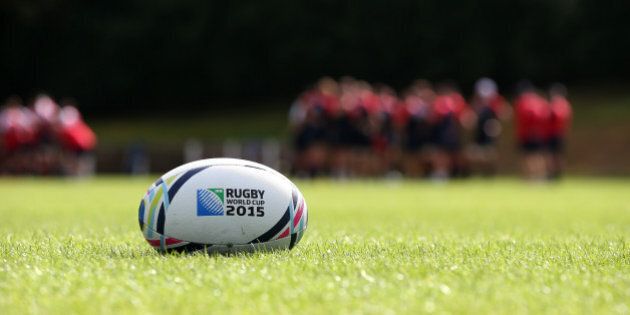 BAGSHOT, ENGLAND - AUGUST 26: A Rugby World cup ball lies on the pitch as England train during the England training session held at Pennyhill Park on August 26, 2015 in Bagshot, England. (Photo by David Rogers/Getty Images)