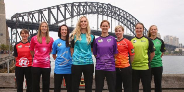 SYDNEY, AUSTRALIA - JULY 10: Sarah Elliott of the Melbourne Renegades, Ellyse Perry of the Sydney Sixers, Megan Schutt of the Adelaide Strikers, Holly Ferling of the Brisbane Heat, Julie Hunter of the Hobart Hurricanes, Jess Cameron of the Perth Scorchers, Rene Farrell of the Sydney Thunder and Meg Lanning of the Melbourne Stars pose during the Women's Big Bash League season launch at Luna Park on July 10, 2015 in Sydney, Australia. (Photo by Mark Kolbe/Getty Images)