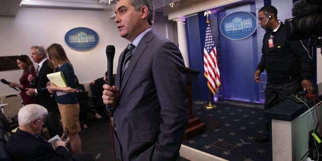 CNN senior White House correspondent Jim Acosta participates in a stand-up shot as he reports after the White House daily briefing on Feb. 7.
