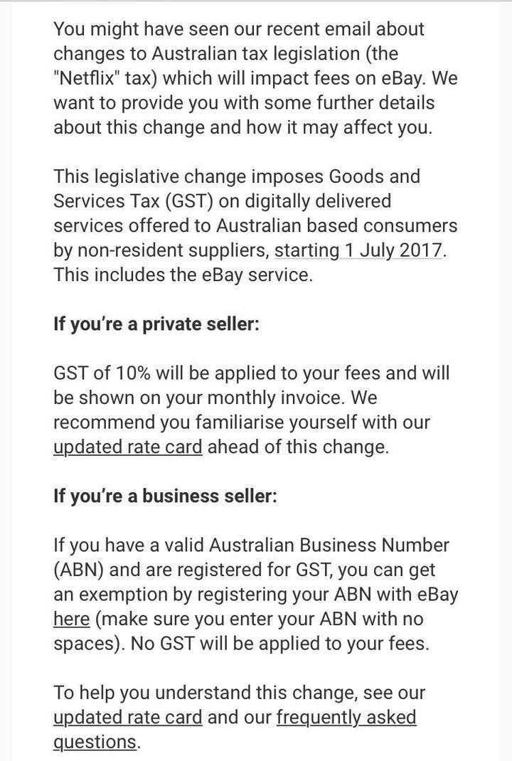 An email from eBay Australia to users, alerting them of the impending change.