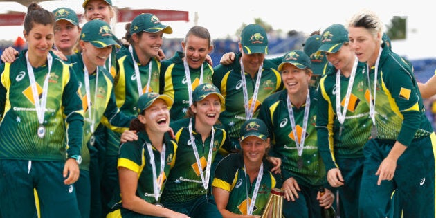 CARDIFF, WALES - AUGUST 31: Australia Women's celebrate winning the Ashes during the 3rd NatWest T20 of the Women's Ashes Series between England and Australia Women at SWALEC Stadium on August 31, 2015 in Cardiff, United Kingdom. (Photo by Julian Finney/Getty Images)