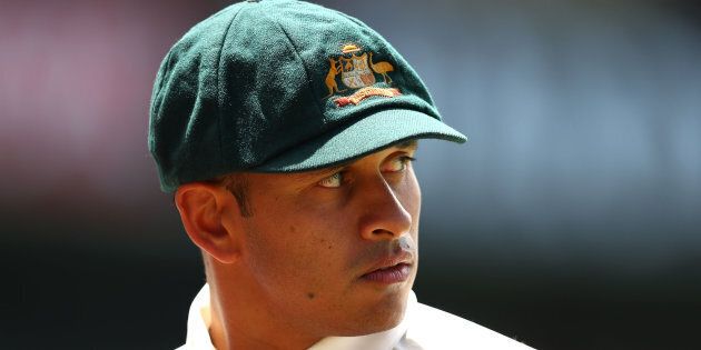 Usman Khawaja wears the baggy green during a Test match in Sydney in January.
