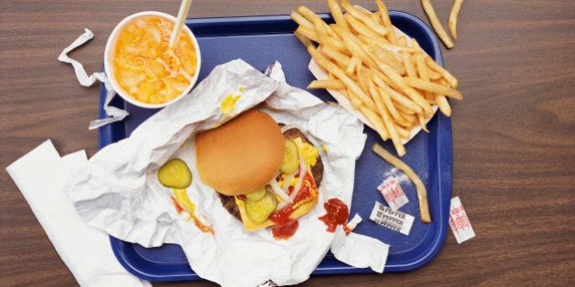 Elevated View of a Tray With Fries, a Hamburger and Lemonade