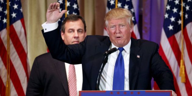 Donald Trump, president and chief executive of Trump Organization Inc. and 2016 Republican presidential candidate, right, speaks on stage with Chris Christie, governor of New Jersey, during a Super Tuesday night event in Palm Beach, Florida, U.S., on Monday, March 1, 2016. Trump is poised to collect enough delegates in 11 Super Tuesday contests nationwide tonight to give him a firmer grip on the party's presidential nomination that would be difficult for rivals to break. Photographer: Luke Sharrett/Bloomberg via Getty Images