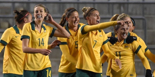 OSAKA, JAPAN - FEBRUARY 29: Australia celebrate their 3rd goal of Katrina Gorry of Australia during the AFC Women's Olympic Final Qualification Round match between Australia and Japan at Kincho Stadium on February 29, 2016 in Osaka, Japan. (Photo by Kaz Photography/Getty Images)