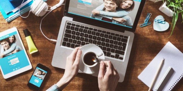 Social network user login, website mock up on computer screen, tablet and smartphone