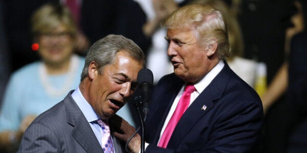 JACKSON, MS - AUGUST 24: Republican Presidential nominee Donald Trump, right, greets United Kingdom Independence Party leader Nigel Farage during a campaign rally at the Mississippi Coliseum on August 24, 2016 in Jackson, Mississippi. Thousands attended to listen to Trump's address in the traditionally conservative state of Mississippi. (Photo by Jonathan Bachman/Getty Images)