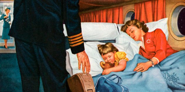 Vintage illustration of a mother and daughter asleep in their reclining seats on an overnight flight, while the captain makes sure they are comfortable (screen print), 1956. (Photo by GraphicaArtis/Getty Images)