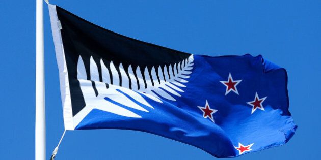 WELLINGTON, NEW ZEALAND - OCTOBER 12: Silver Fern (Black, White and Blue), by Kyle Lockwood, flies on top of the Wellington Town Hall on October 12, 2015 in Wellington, New Zealand. The Flag Consideration Panel has narrowed down to the five flags which will then go to referendum later this year. (Photo by Hagen Hopkins/Getty Images)