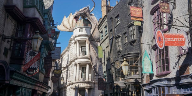 ORLANDO, FL - JUNE 18: In this handout photo provided by Universal Orlando Resort and taken June 13, 2014, today June 18, Universal Orlando announced that The Wizarding World of Harry Potters Diagon Alley will officially open on July 8, allowing guests to experience even more of Harry Potters adventures in an all-new, magnificently-themed environment. Located in the Universal Studios Florida theme park, The Wizarding World of Harry Potter - Diagon Alley will feature shops, dining experiences and the next generation thrill ride, Harry Potter and the Escape from Gringotts. The new immersive area will double the size of the sweeping land already found at Universals Islands of Adventure, expanding the spectacularly themed environment across both Universal theme parks and guests can journey between both lands aboard the Hogwarts Express. For additional information, visit www.UniversalOrlando.com/WizardingWorld. (Photo by Sheri Lowen/Universal Orlando Resort via Getty Images)