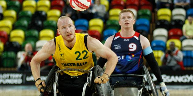 LONDON, ENGLAND - OCTOBER 13: Matt Lewis of Australia and Jim Roberts of Great Britain during the 2015 BT World Wheelchair Rugby Challenge match between Great Britain and Australia at The Copper Box on October 13, 2015 in London, United Kingdom. (Photo by Mitchell Gunn/Getty Images)