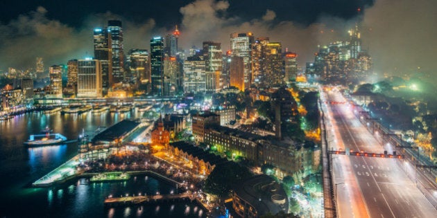 Smoke envelop the Sydney Skyline after the NYE (New Year's Eve) 2015/2016 fireworks.