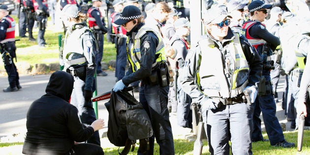 Police conducted searches at the opposing rallies.