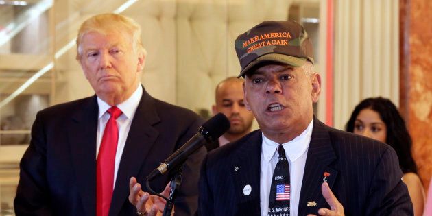 NEW YORK, NY - MAY 31: Former Marine Al Baldasaro defends the donations of Republican presidential candidate Donald Trump at a news conference at Trump Tower where Trump addressed issues about the money he pledged to donate to veterans groups on May 31, 2016 in New York City. Trump had previously said he had raised $6 million at the nationally broadcast fund-raiser he attended instead of the debate and that he would donate it all to veterans groups. (Photo by Spencer Platt/Getty Images)