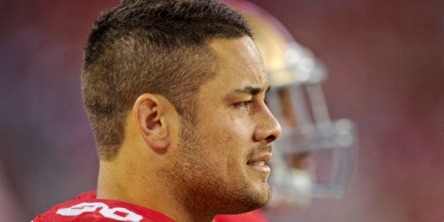 SANTA CLARA, CA - AUGUST 23: Jarryd Hayne #38 of the San Francisco 49ers watches the end of the game from the sidelines against the Dallas Cowboys during a preseason game on August 23, 2015 at Levi's Stadium in Santa Clara, California. (Photo by Brian Bahr/Getty Images)