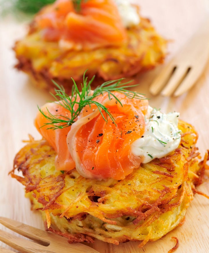 Enjoy a few potato rosti with smoked salmon, chives and cream cheese.