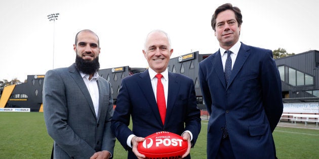 Bachar Houli, Malcolm Turnbull, AFL CEO Gillon McLachlan during the Bachar Houli Program's 2017 AFL Eid Celebration.