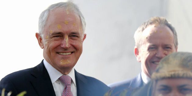 Malcolm Turnbull and Bill Shorten during the smoking ceremony at the welcome to country ceremony