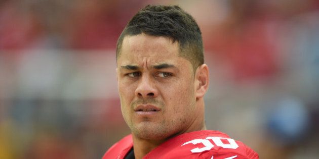 SANTA CLARA, CA - OCTOBER 18: Jarryd Hayne #38 of the San Francisco 49ers looks on from the sidelines against the Baltimore Ravens during an NFL game at Levi's Stadium on October 18, 2015 in Santa Clara, California. (Photo by Thearon W. Henderson/Getty Images)