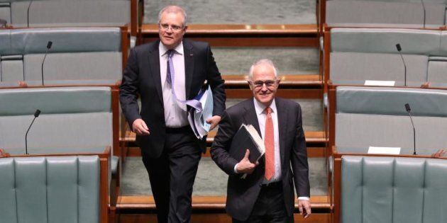 Prime Minister Malcolm Turnbull and Treasurer Scott Morrison enter the House at Parliament Hous