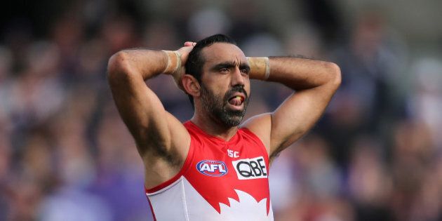PERTH, AUSTRALIA - SEPTEMBER 12: Adam Goodes of the Swans looks on after being defeated during the First AFL Qualifying Final match between the Fremantle Dockers and the Sydney Swans at Domain Stadium on September 12, 2015 in Perth, Australia. (Photo by Paul Kane/Getty Images)
