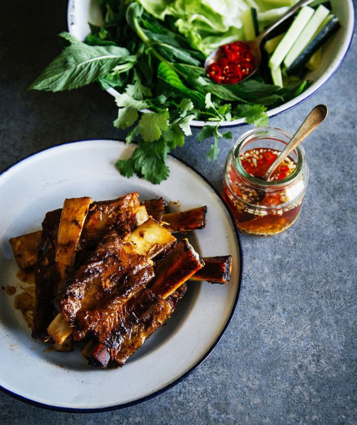 These sticky pork ribs have a refreshing Vietnamese twist and a sweet and sour hot dipping sauce.