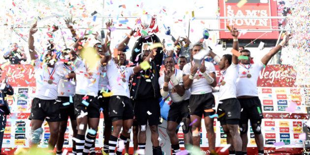 LAS VEGAS, NV - MARCH 06: Fiji celebrates after winning the Cup Final against Australia, 21-15, during the USA Sevens Rugby tournament at Sam Boyd Stadium on March 6, 2016 in Las Vegas, Nevada. (Photo by David Becker/Getty Images)