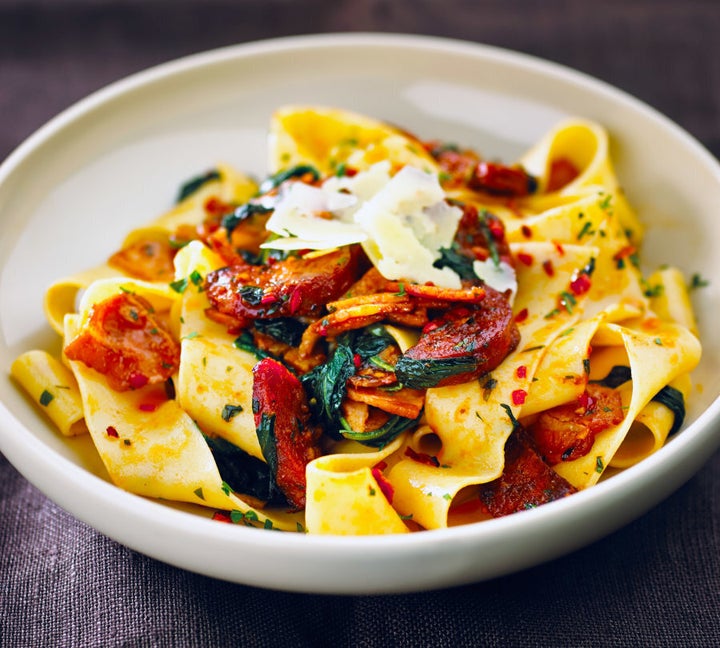 Bacon and chorizo give this pasta dish a big punch of flavour.