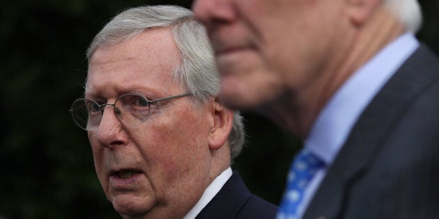 WASHINGTON, DC - JUNE 27: U.S. Senate Majority Leader Sen. Mitch McConnell (R-KY) (L) and Senate Majority Whip Sen. John Cornyn (R-TX) (R) speak to members of the media outside the West Wing of the White House June 27, 2017 in Washington, DC. President Trump invited all GOP Senate members to the White House to discuss the healthcare bill. (Photo by Alex Wong/Getty Images)