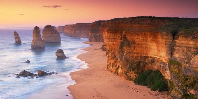 The Twelve Apostles landmark off Australia's Great Ocean Road at sunrise.