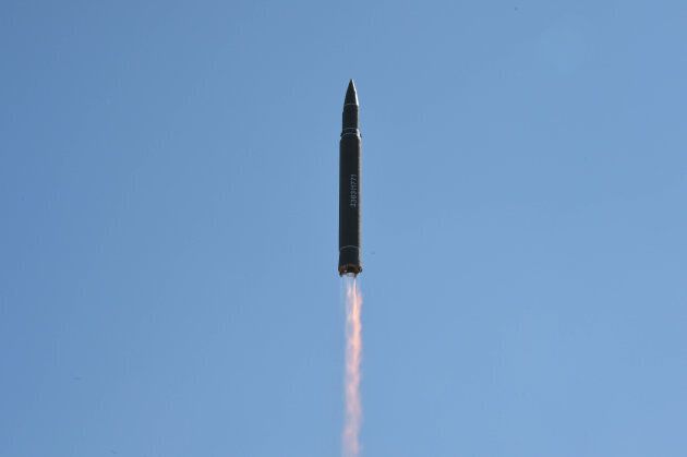 The intercontinental ballistic missile Hwasong-14 is seen during its test in this photo released by the North Korean government.