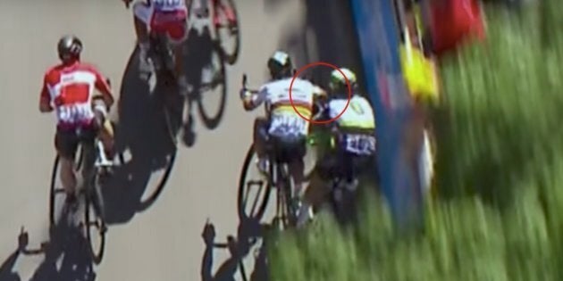 Tour de France cyclist Peter Sagan is seen sticking his elbow into rival Mark Cavendish during the sprint finish on Tuesday