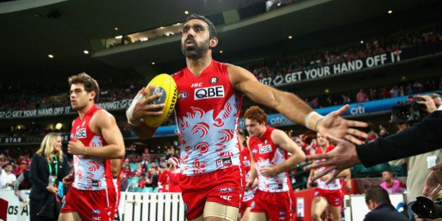 SYDNEY, AUSTRALIA - MAY 29: Adam Goodes of the Swans runs onto the field during the round nine AFL match between the Sydney Swans and the Carlton Blues at SCG on May 29, 2015 in Sydney, Australia. (Photo by Cameron Spencer/Getty Images)