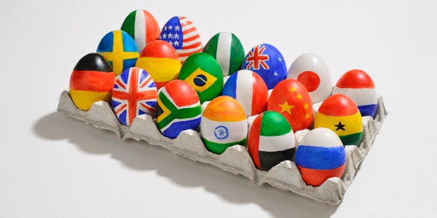 Tray of eggs with world flags painted on them